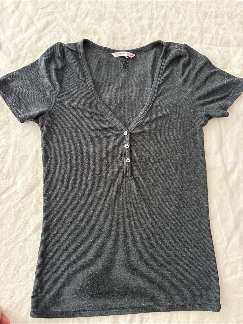Victoria's Secret Dark Charcoal Ribbed V-Neck Henley Tee